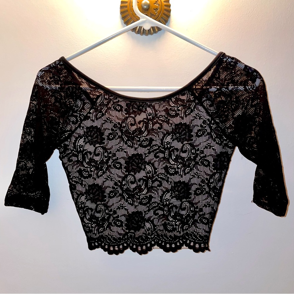 Forever 21 3/4 Sleeve Black Lace Crop Top Size S